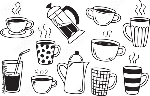 coffee mug cup set with steam polka dot grid pattern vectors