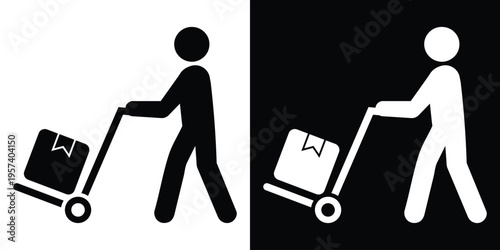 Minimalist vector icon of a person pushing a hand truck with a cardboard box. Ideal for logistics, shipping services, and manual labor concepts. Black and white versions included.