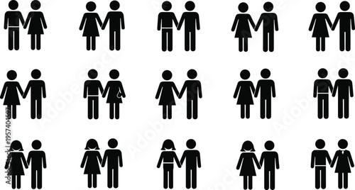 couple icons set, male female symbols, relationship concept, love partnership, people pictogram, family sign, social connection, minimal design, human icon collection