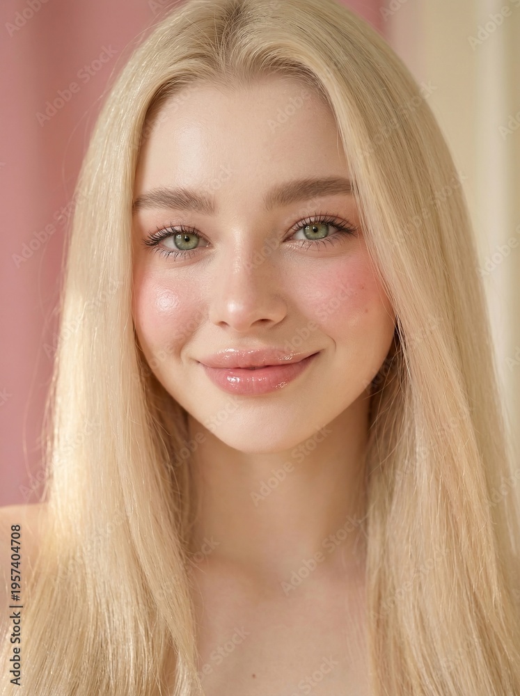 Naklejka premium Captivating close-up portrait of a radiant young blonde woman with a natural, gentle smile, exuding serene beauty and youthful charm in soft lighting