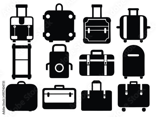 Set of suitcase icons and luggage silhouettes for travel baggage collection and tourism graphic design elements