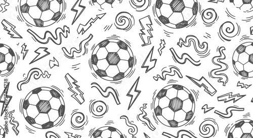 Soccer Ball Seamless Pattern Vector, Hand Drawn Black and White Football Doodle Background