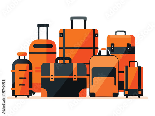 Collection of various orange and black suitcases and travel bags for baggage packing and vacation holiday concept