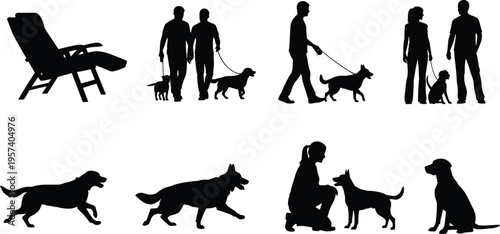 Dog walking silhouettes with people and pets including sitting running and training isolated on white background animal lifestyle vector illustration