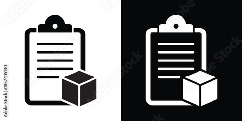 Flat vector icon of a clipboard checklist with a cardboard box. Ideal for logistics management, inventory tracking, delivery documentation, and order fulfillment concepts.