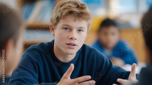 Classroom aide supporting hearing-impaired student with sign language interpretation during interactive science lesson with engaged diverse classmates, ideal for deaf education communication access