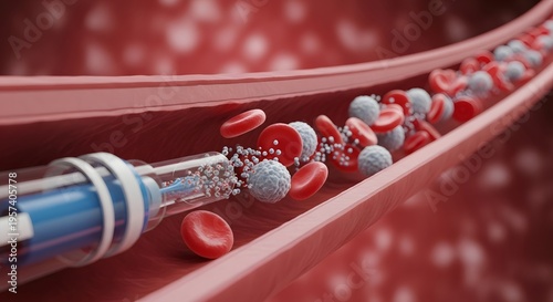 A medical needle injecting medication into a human vein filled with red and white blood cells