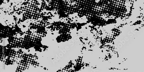 Black and white halftone background with chaotic paint splashes, delivering a dynamic and artistic composition.