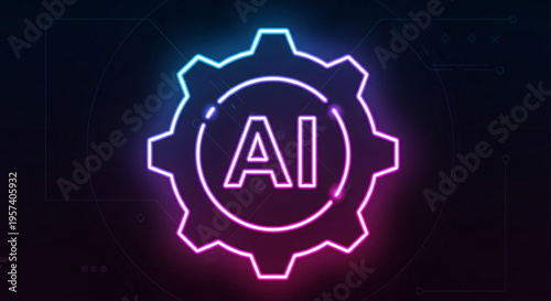 Neon ai gear icon with pink and blue glow on dark background symbolizing artificial intelligence and technology