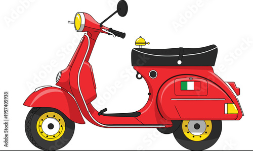 Vintage red scooter illustration with retro style design, classic motorbike with Italian flag detail, urban transportation vehicle flat vector isolated on white background