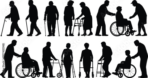 elderly care silhouettes collection, seniors with cane walker wheelchair and caregiver help, aging disability healthcare support concept, isolated vector illustration