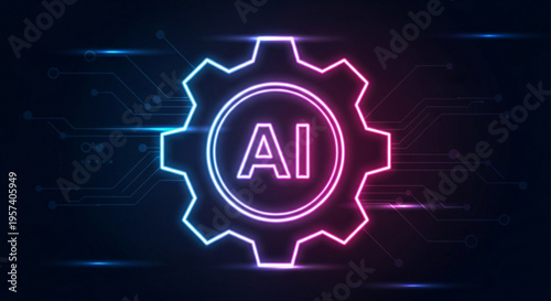 Neon ai gear icon with pink and blue glow on dark circuit background symbolizing artificial intelligence and technology