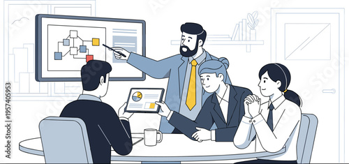 Business team meeting in minimalist line art style with muted colors on white background for corporate presentations
