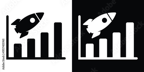 Minimalist icon featuring a rocket launching over a rising bar graph. Represents business growth, startup success, financial performance, and rapid market acceleration.