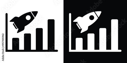 Minimalist icon featuring a rocket launching over a rising bar graph. Represents business growth, startup success, financial performance, and rapid market acceleration.