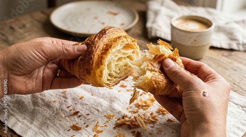 Perfectly Crispy Croissant Split by Hands