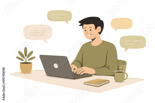 Man Chatting Online on Laptop Messaging Communication Flat Vector Illustration
