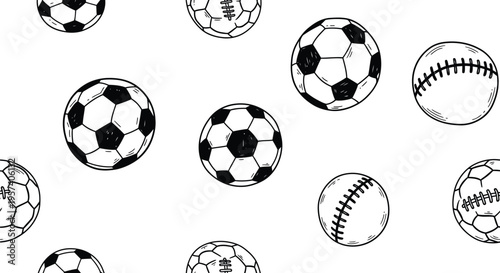 Seamless Sports Balls Pattern Vector Background with Soccer and Baseball Line Art