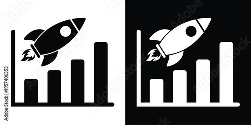 Minimalist icon featuring a rocket launching over a rising bar graph. Represents business growth, startup success, financial performance, and rapid market acceleration.