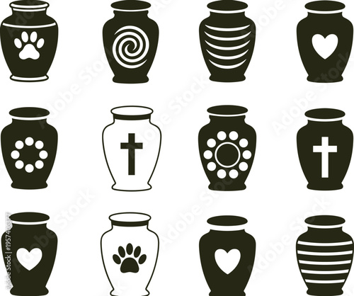 Urn silhouettes collection, memorial urn icons, cremation symbols, funeral remembrance, pet ashes urns, decorative urn designs, memorial illustration set, vector icons