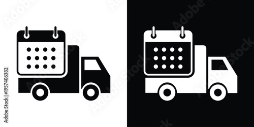 Vector illustration of a shipping truck carrying a large calendar. Symbolizes scheduled deliveries, logistics planning, shipping dates, and timely distribution services.