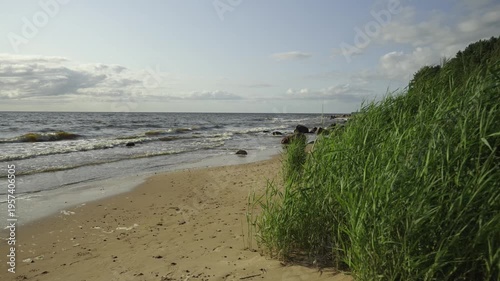 Sandy coastline of the Baltic Sea in Latvia. Yellow sand and large stones on the shore. Waves run onto the beach on a sunny day. Latvia, Gulf of Riga. 
