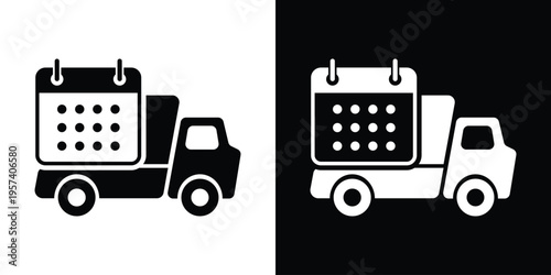 Vector illustration of a shipping truck carrying a large calendar. Symbolizes scheduled deliveries, logistics planning, shipping dates, and timely distribution services.
