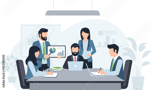 Diverse business team in meeting with laptop and papers in modern office interior with plants in flat design for corporate branding