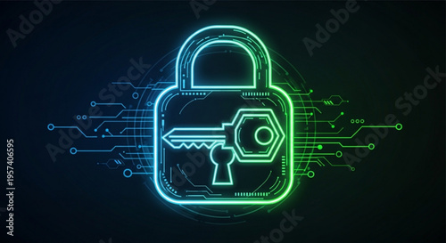 Neon lock and key symbol with circuit board background for cybersecurity and data protection concepts