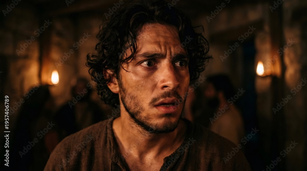 Fototapeta premium Man expressing deep worry and fear in historical setting