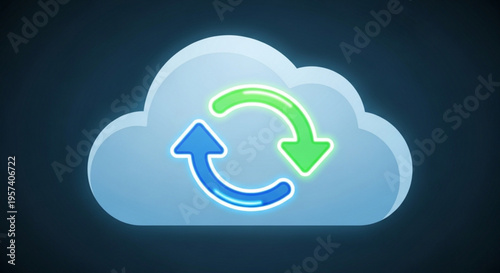 Cloud storage sync icon with blue and green arrows on dark background symbolizing data exchange and backup