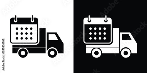 Vector illustration of a shipping truck carrying a large calendar. Symbolizes scheduled deliveries, logistics planning, shipping dates, and timely distribution services.