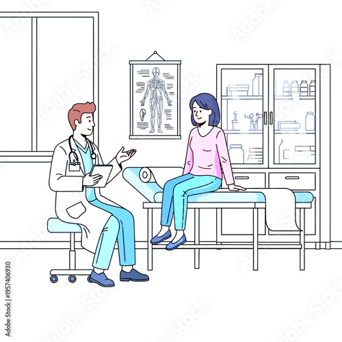 Doctor consulting patient in medical clinic office during health check-up. Healthcare professional talking to woman on examination table illustration.