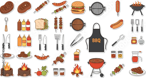 Barbecue grill elements collection with meat, sausages, tools and sauces, BBQ party icons set, outdoor cooking equipment illustration flat vector isolated