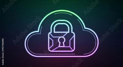 Neon cloud icon with lock and keyhole on dark background symbolizing secure data protection and online safety