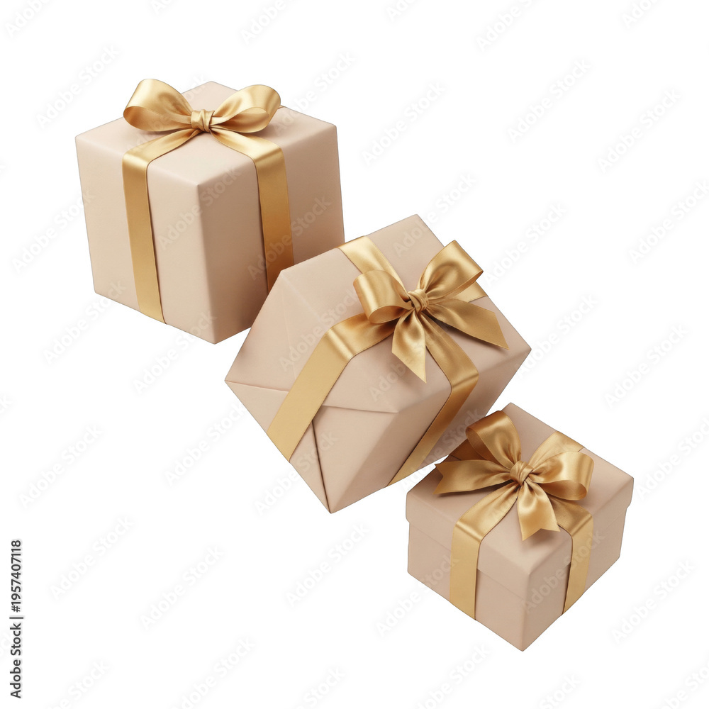 Fototapeta premium Gift boxes with gold ribbons and bows on black background