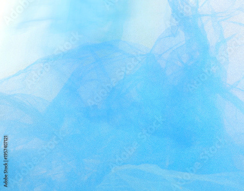 Blue tulle fabric isolated on white background.  Abstract transparent material curve wave curtain.