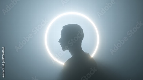 Backlit Silhouette Portrait Of A Man With Glowing Halo Ring Evoking Spiritual And Futuristic Mood