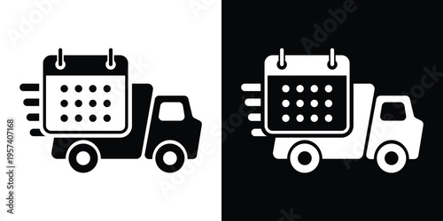 Vector illustration of a shipping truck carrying a large calendar. Symbolizes scheduled deliveries, logistics planning, shipping dates, and timely distribution services.