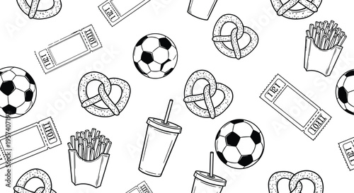Soccer Game Snack Seamless Pattern Vector – Black and White Fast Food Sports Background