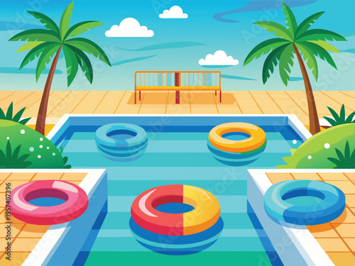 Summer swimming pool with inflatable rings, palm trees and clear water, palm tree