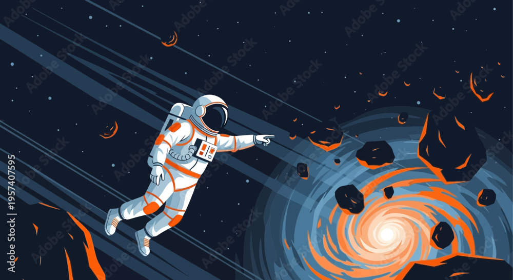 Fototapeta premium Astronaut exploring a cosmic vortex with asteroids, reaching out into the unknown.