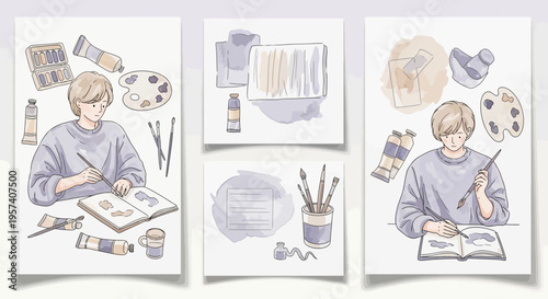 Artist painting, watercolor art supplies, creative hobby, inspiration, art studio scene