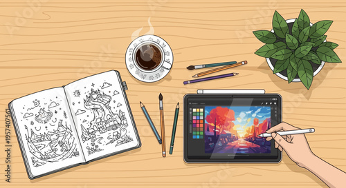 Artist's desk with digital tablet, sketchbook, coffee, and art supplies, creative workspace