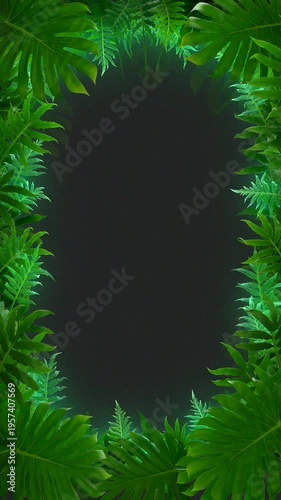 Vibrant green leaves create a natural frame against a dark background, ideal for various design applications.
