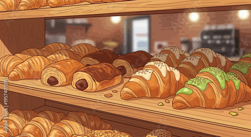 Assortment of Freshly Baked Croissants and Pastries on a Bakery Shelf