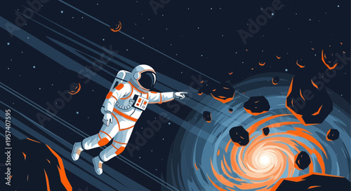 Astronaut exploring a cosmic vortex with asteroids, reaching out into the unknown.