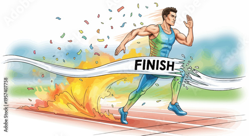 Athlete crossing finish line with confetti and flames, celebrating victory