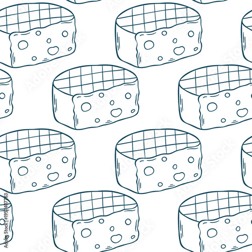 Cheese wheel, simple vector pattern in doodle and sketch style with Mediterranean blue line. Hand-drawn repeating design for kitchen textiles or food packaging