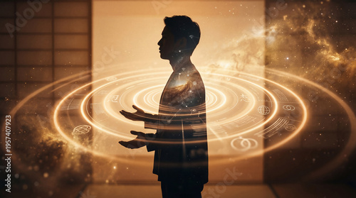 A silhouette of a man stands with outstretched arms, as if embracing the vast expanse of the cosmos, with galaxies.